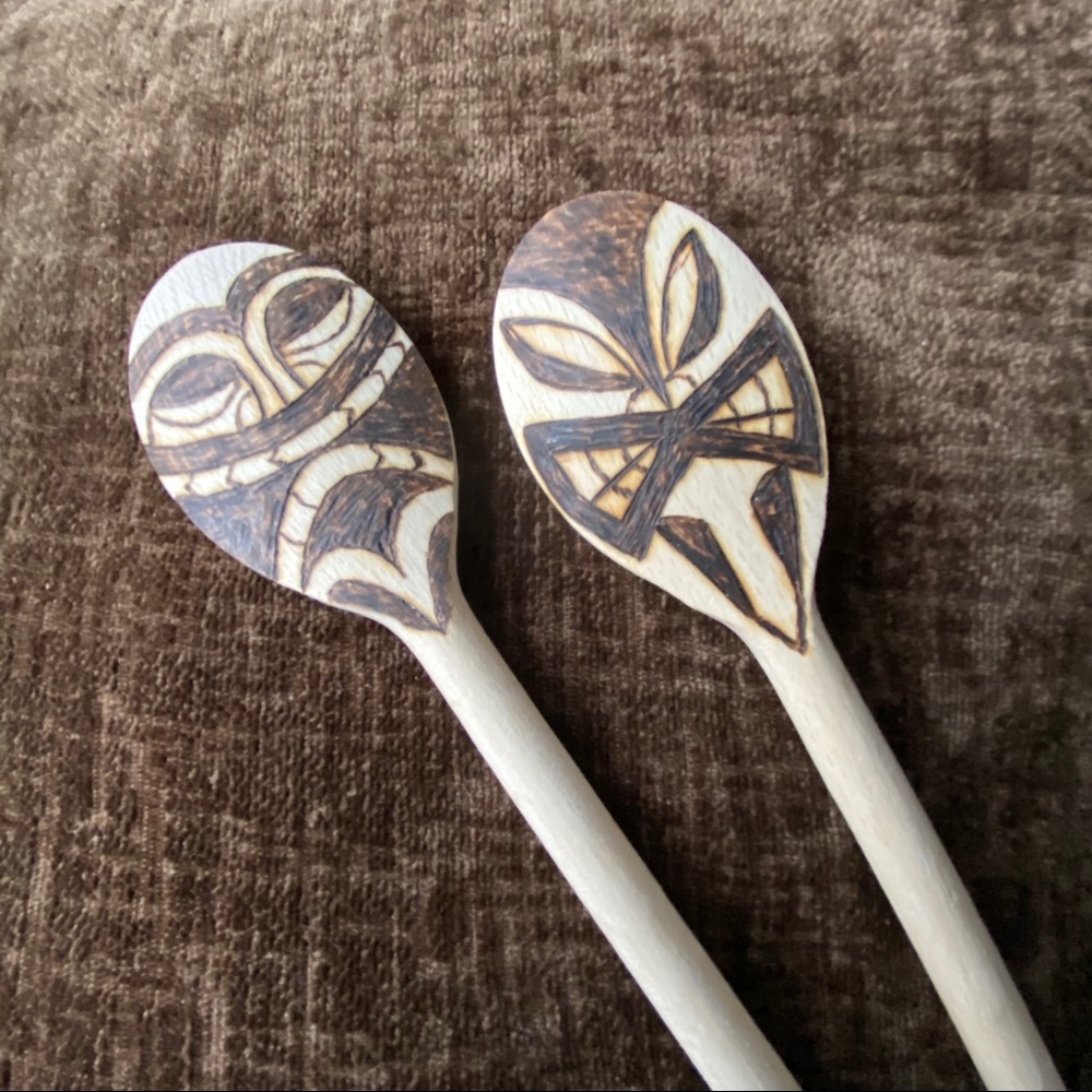 Artisan woodburned tiki spoon set